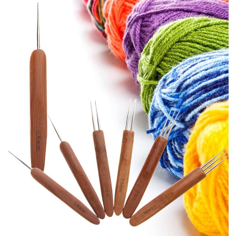 GANPUB Brown Dreadlock Crochet Needles, Bamboo Handle Micro Hook, for