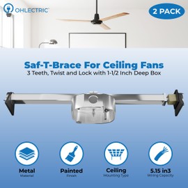OHLECTRIC Saf-T-Brace For Ceiling Fans - Features 3 Teeth, Twist and Lock Design, 1.5" Heavy Duty Metal Electrical Box - Secure Installation For New, Remodel, Retrofit Application, Silver | Pack of 2