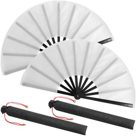 Maitys 2 Packs Large Folding Hand Fans Festival Tai Ji Fan Chinese Folding Rave Fan Handheld Renaissance Fan Martial Art Fans for Men and Women, Dance, Decorations, Festival, Gift (White)
