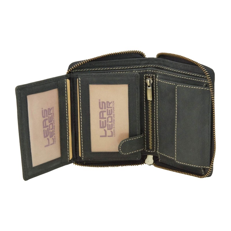 LEAS Vintage Style LEAS Zip Wallet in Genuine Leather, Black,