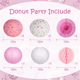 Famolay Donut Paper Lanterns Decorative, 9PCS Pink Party Decorations Paper Fans Honeycomb Ball Ice Cream Decor Birthday Supplies Hanging Lanterns Lamps for Kids Baby Shower
