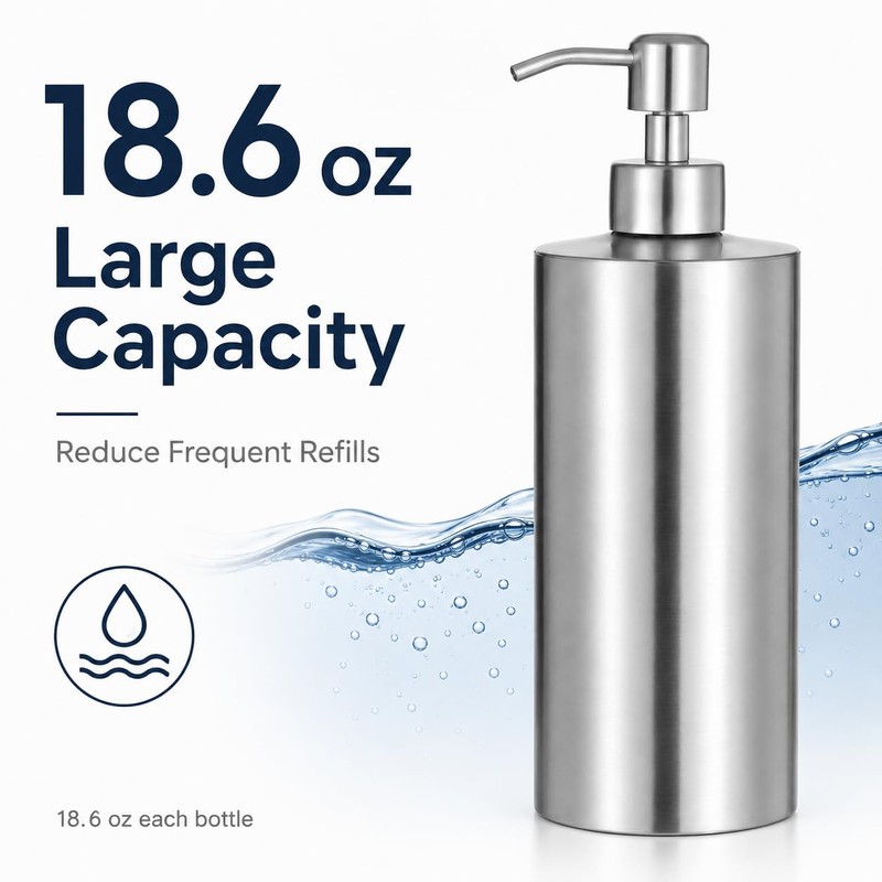 2 Pack Stainless Steel Soap Dispenser, 18.6 oz, Silver