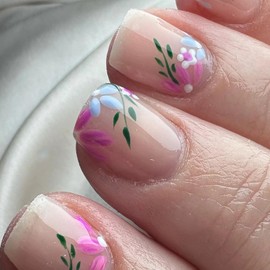 Short Square Press on Nails MABKJLF Fake Nails Nude Full Cover Purple Blue Flower False Nails with Leaves Designs Glossy Glue on Nails Stick on Nails Acrylic Artificial Nails for Women Girls 24Pcs