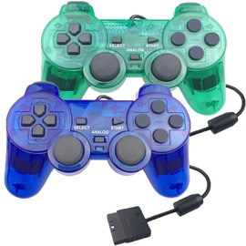 JINHOABF 2 Pack PS2 Wired Controller,Double Shock Gamepad Compatible with PS2 Console (Clear Blue+Clear Green)