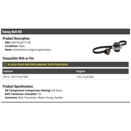 Marketplace Auto Parts Timing Belt Kit - Compatible with 2012-2017 Fiat 500 1.4L 4-Cylinder GAS