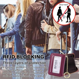 WAAYAA RFID Blocking Credit Card Holder, 20 Card Slots Large Capacity Accordion Card Wallet, Leather Card Case with Removable Keychain and ID Window - Oil Wax Leather,Purple