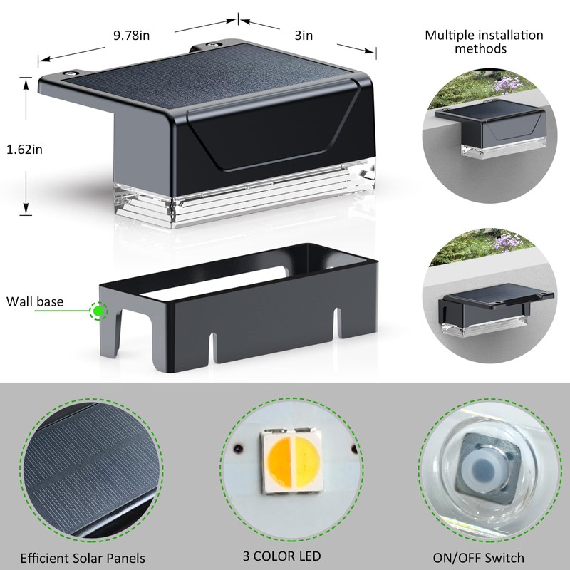 Solar Fence Lights Outdoor - 3000/4000/6000K 3 Mode, IP65 Waterproof