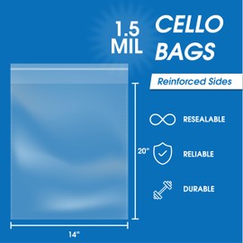 Spartan Industrial - 14" X 20" (100 Count) Crystal Clear Resealable Cello Poly Bags for Packaging, Clothing & T Shirts - Self Seal & Reinforced
