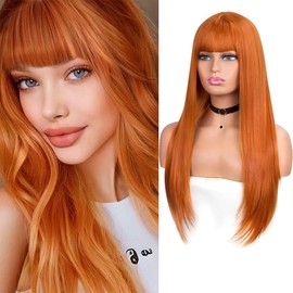 ITTAYLER Long Straight Orange Wigs with Bangs for Women Middle Part Synthetic Wigs 26inch Heat Resistant Natural Looking Hair Wig for Daily Party Cosplay