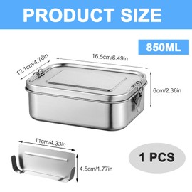 Stainless Steel Lunch Box, Metal Lunch Box with 1pcs Removable Divider, Leakproof Stainless Steel Bento Box with Lock Clip, Leakproof Lunchbox for Adults Children Camping Travel School Work(850ML)