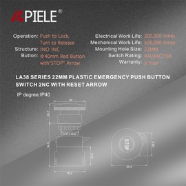 APIELE 22mm Red Stop Singal Mushroom Emergency Stop Push Button Switch 1NO1NC 600V 10 Amp (Type B)