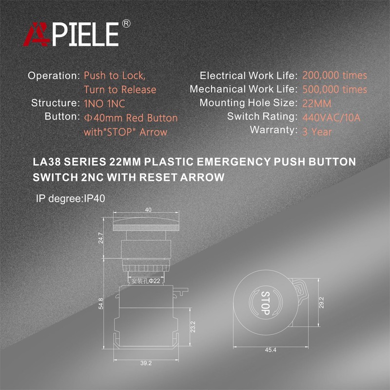 APIELE 22mm Red Stop Singal Mushroom Emergency Stop Push Button