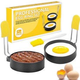 2 Pack Stainless Steel Egg Rings, Round Non Stick Griddle Rings with Oil Brush Round Egg Cooker with Anti-Scald Handle, 2.9inch for Frying Shaping Cooking Eggs and Omelet