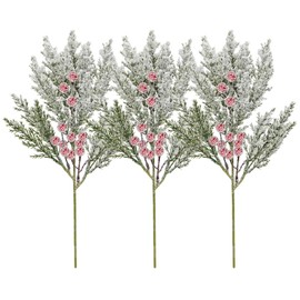 SPWOLFRT 3Pcs Snow Berries Pine Spray, Artificial Frosted Berry Cypress Pick Fake Pine Twigs Greenery Sprigs Cedar Stems for Christmas Wreath Garland DIY Craft Vase Filler Home Decor (Red)