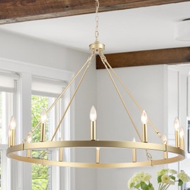 YCZHCC 12 Lights Wagon Wheel Chandelier, 38 in Gold Round Rustic Farmhouse Chandelier Dining Room Light Fixture, Industrial Vintage Pendant Light for Kitchen Island Living Room Foyer Entryway Bedroom
