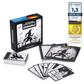 Original Werewolf card game, deluxe party game with expansion – werewolves role-playing classic – 45-card edition with 30 different characters! German version.
