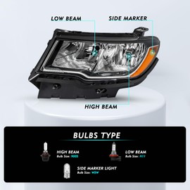 TUSDAR Fits for 2017-2021 Jeep Compass Headlight Assembly OE Headlamp Chrome Housing,Driver and Passenger Side