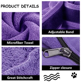 Premium Microfiber Dog Drying Bag - Quickly Removes Water Mud and Dirt - Extra Absorbent Towel Solution with Durable Hook and Loop Neck Strap-Purple-S