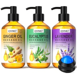 Massage Oil for Massage Therapy, Muscle Relaxation with Arnica Oil, Anti-Cellulite Eucalyptus and Lavender Oil Including Massage Ball, Relaxing Spa Body Oil as a Gift Set, 3 x 100 g