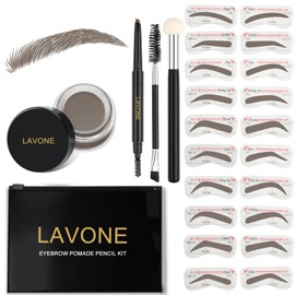 LAVONE Eyebrow Stamp Stencil Kit for Eyebrow, Brow Stamp Trio Kit with Waterproof Eyebrow Pencil, Eyebrow Pomade,20 Eyebrow Stencils,Dual-ended Eyebrow Brush and Sponge Applicator - Gray