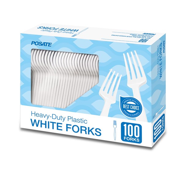 POSATE Heavyweight Plastic Forks, White, 100 Counts
