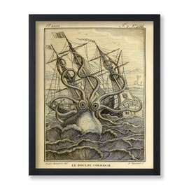 Poster Master Vintage Colossal Octopus Poster - Retro Giant Octopus and Ship Print - Kraken Art - Nautical Gift for Him, Her - Gothic Decor for Bathroom, Ocean or Beach House, 11x14 Black Framed