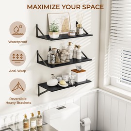 Heimlove 24" W x 12" D Wall Shelves for Books, 12 Inch Deep Floating Shelves Set of 3, Wide Floating Bookshelf with Metal Bracket for Living Room, Kitchen, Office, Bedroom and Decor Storage - Black