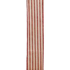 Kurt S. Adler Kurt Adler 10 YD Tan with Red Glitter & White Striped Double Wire Ribbon, Multicolor