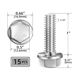 5/16-18 x 1" (15 PCS) Flanged Hex Head Bolts, Flange Washer Head Hexagon Screws, 18-8 Stainless Steel (304), Plain Finish, Full Thread