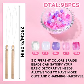 YBEATY 98 PCS Pink Hair Beads Set Braids Clear Beads Crafts Valentines Plastic Bracelets Making Quick Braids Bead Colored Hair Accessories for Girls Women Dreadlocks Pony Tails Jewelry Making