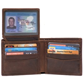 POKOFO RFID Blocking Genuine Leather Bifold Wallet for Men with Zipper and 2 ID Windows (Dark brown)