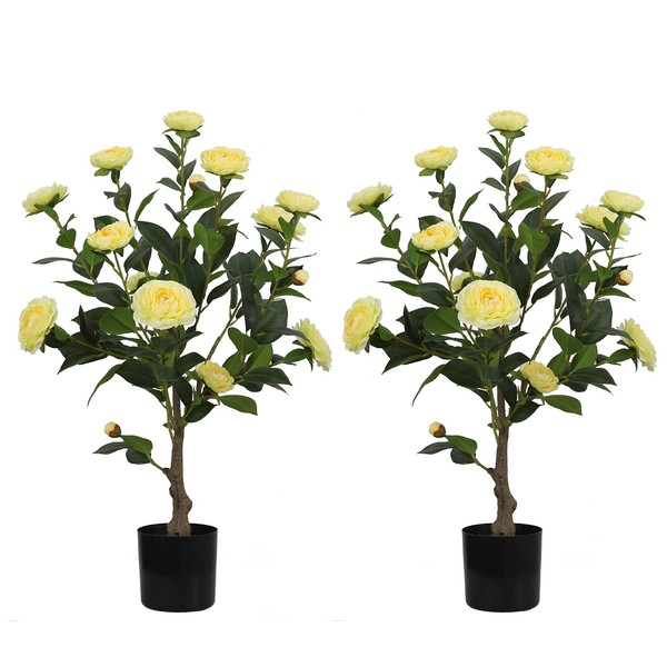 OAZALDA Artificial Flower Trees Indoor, 【 2 Pieces 】 Faux Floral Plants 30 Inch Faux Blooming Camellia with Yellow Blossom Built- in Black Pot Outdoor Decoration