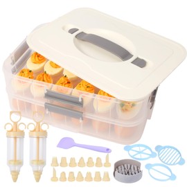 2-Layer Deviled Egg Containers With Lid,36pcs Deviled Egg Tray Carrier with Handl Injector Piping Tool,Portable Stackable Egg Holder Platter Holder Organizer for Refrigerator Party Picnic Travel Event