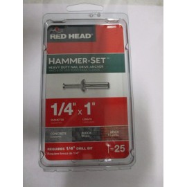 RED HEAD PACK OF 25 RED HEAD HAMMER SET HEAVY DUTY NAIL DRIVE ANCHOR 1/4" X 1"