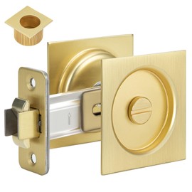 goldenwarm Brushed Gold Pocket Door Lock with Pull, Square Pocket Door Hardware 2-3/8" Backset, Gold Pocket Door Handles 1 Pack