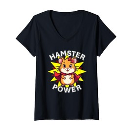 Womens Cute Hamster Power Girl Furry Friend Superhero Star V-Neck T-Shirt