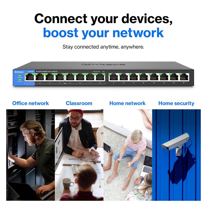 Linksys LGS116P 16 Port Gigabit Unmanaged Network PoE Switch with