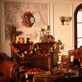 Valery Madelyn 22" Collapsible Fall Wreaths for Front Door, Farmhouse Fall Door Wreath with Light for Harvest Autumn Decor for Home, Orange Pumpkin Wreath with Bow for Indoor Window Thanksgiving Decor