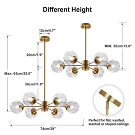 KCO Lighting Modern 6-Light Sputnik Chandelier with Clear Glass Globe Mid Century Adjustable Ceiling Pendant Light Gold Brass Flush Mounted Fixture