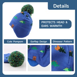 Zsedrut Baby Winter Hat & Scarf Set Kids Dinosaur Fleece Lining Warm Earflap Beanie with Pompom(Royal Blue Dinosaur Set,S)