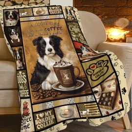 Funny Border Collie Blanket Gifts for Girls Boys Border Collies Drink Coffee Throw Blankets Vintage Cute Dog Pet Fleece Flannel Throws Soft Plush Stuffed Animal for Kids Men Women Bed Decor 50"x40"