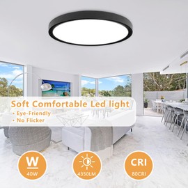 20 Inch Large LED Flush Mount Ceiling Light, 40W, 4350LM, 3000K/4000K/6000K CCT Selectable Super Slim LED Ceiling Light, Close to Ceiling Round Flat Panel Light for Living Room, Bedroom,kitchen, Black