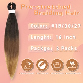 Ombre Braiding Hair Pre Stretched 16 Inch 8 Packs Professional Synthetic Braiding Hair for Box Braids/Twists/Crochet Braids No Itch Hot Water Setting Soft Yaki Texture (1B/30/27#)