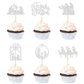 24 piezas de adornos de Navidad para magdalenas de Jesús con purpurina, religión, Navidad, para baby shower, orar, decoración de Navidad, suministros de decoración de fiesta, color plateado