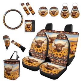 Forchrinse Highland Cow Car Seat Cover 15Pack Women Car Interior Set Protector,Steering Wheel Cover,Armrest Seatbelt Cover,Garbage Can,Handbrake Gear Cover,Car Coaster,Keychain