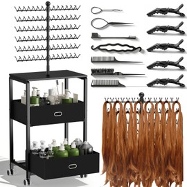 XINTUO Portable Braiding Hair Rack with Wheels & Storage Drawers,168 Pegs Hair Extension Holder Hanger for Braiding Hair Separator Stand Display,Hair Rack with Stylist Hair braiding Tools(Black)