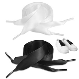 2 Pair Satin Ribbon Shoe Laces, Black White Soft Silk Shoelaces Shoe, Women's Fashion Ribbon Shoelaces, Flat Satin Shoelaces, Wide Flat Silk Shoelaces Suitable for Sports Casual Shoes (Black + White)