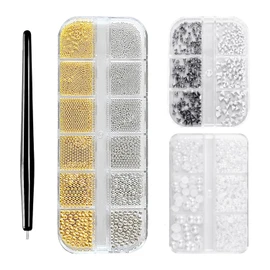 3 Boxes Nail Art Jewellery Set and 1 Magnetic Pen, Pearl Steel Ball Patch, Nail Art Tools, DIY Nail Art Must-Have