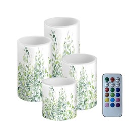 NETILGEN Flameless Light Candles 4 Pack Battery Operated with Color Changing Timer Remote Control Fake Pillar Candles Tealights Beach Wedding Home Indoor Decor, Leaf Green White