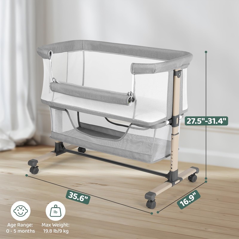 Cowiewie Bassinet Bedside Sleeper, Portable, Breathable, Adjustable Baby Bedside Bassinet